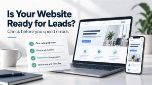 Website lead readiness checklist beside a laptop and smartphone, with the headline Is Your Website Ready for Leads?
